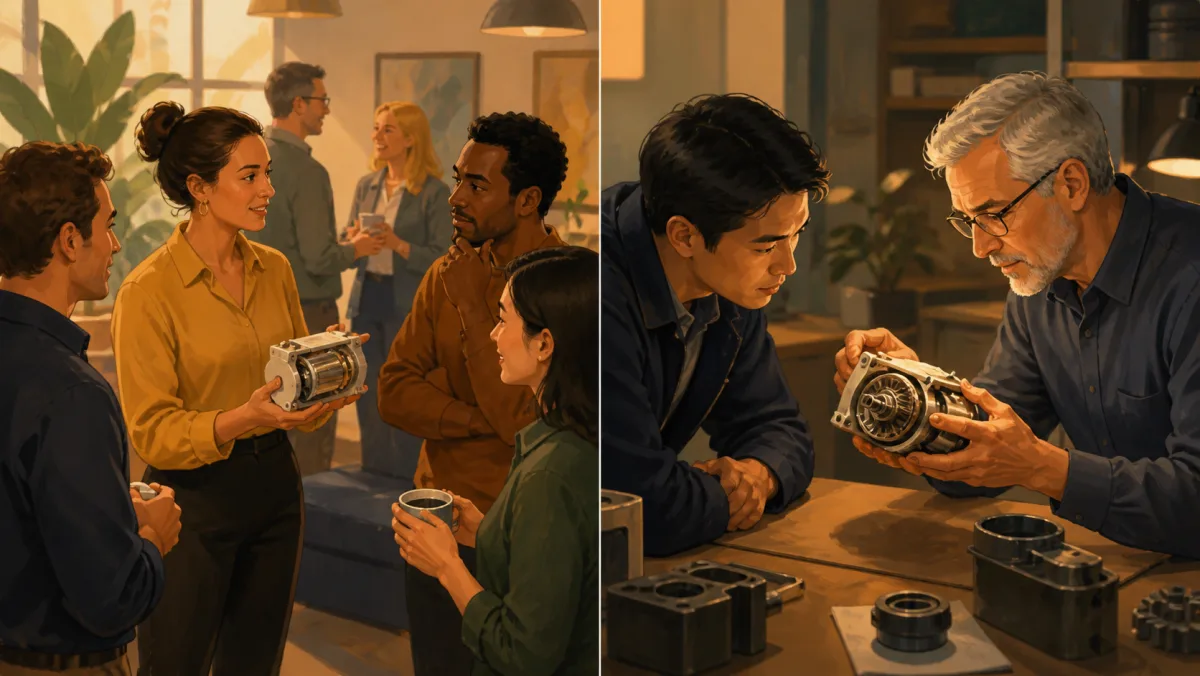 A prototype circulates through an informal group while a specialist closely examines one component