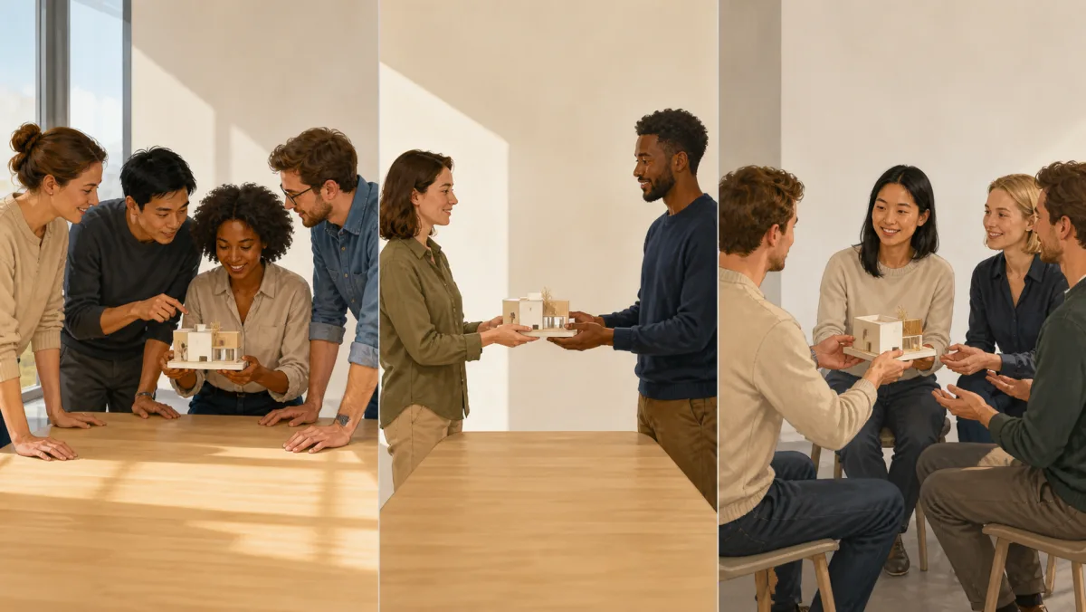 Colleagues discuss a model, hand it directly to one person, and pass it around a small group