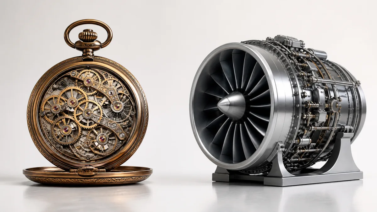 An intricate refined mechanical watch contrasts with a powerful modern turbine engine