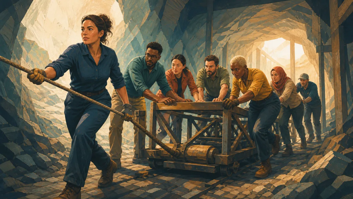 A leader guides a team moving a heavy project structure through a difficult rocky passage