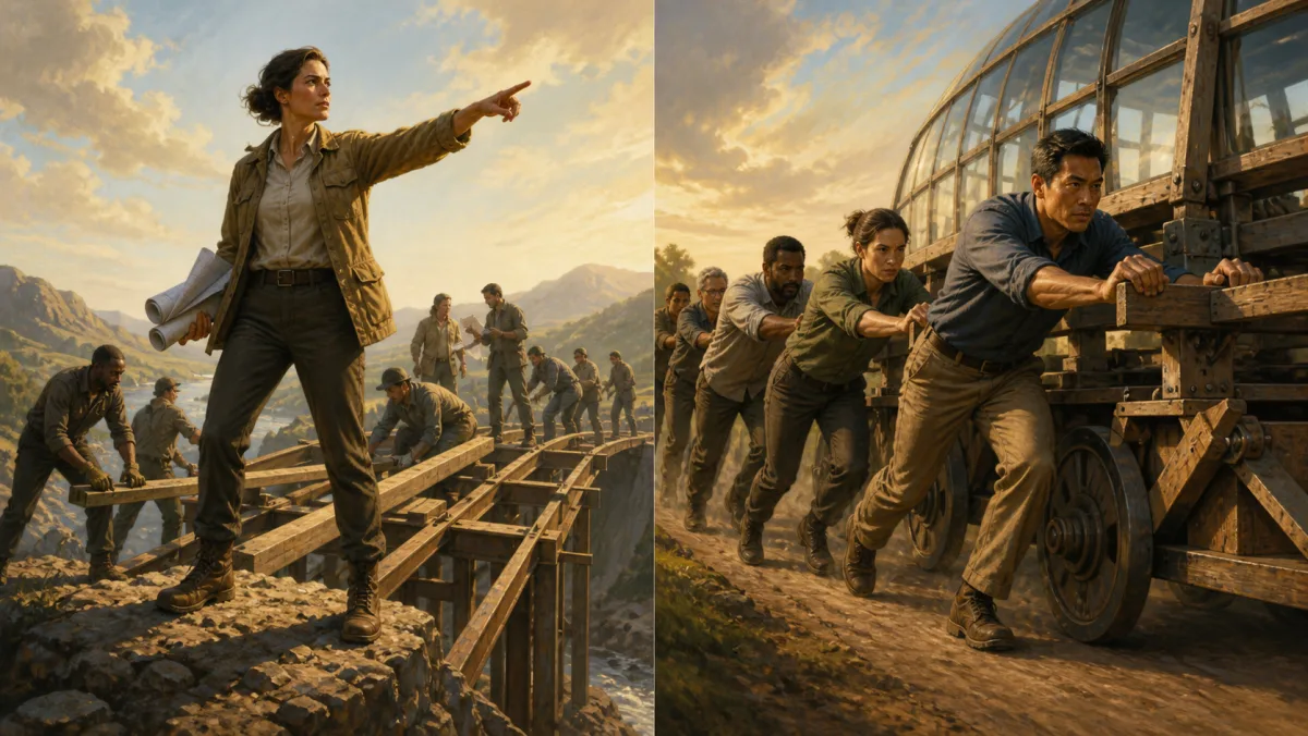 A leader initiates a bridge-building effort while another team drives a heavy project vehicle forward