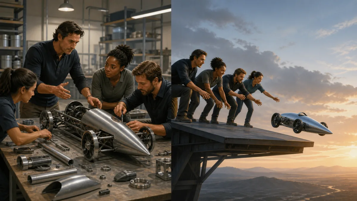 A leader guides a team building an innovative vehicle before the completed vehicle begins its first journey