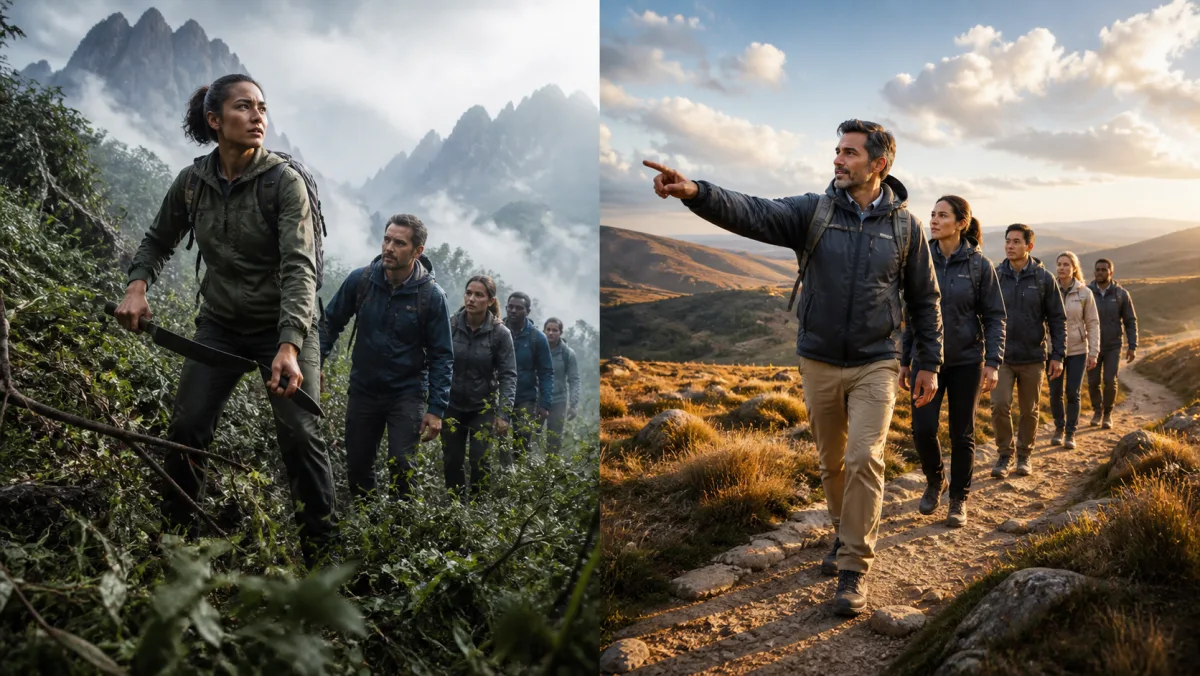 One leader creates a new path through rough terrain while another guides a team along an established route