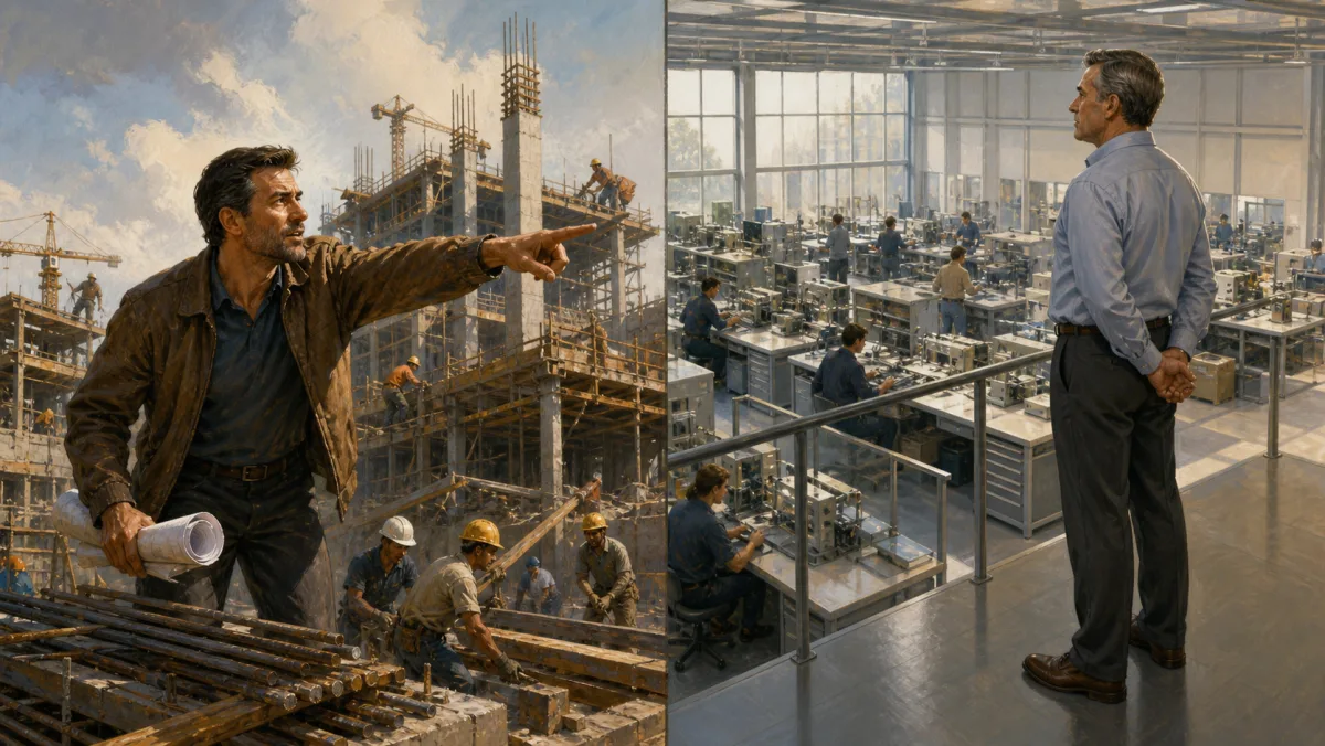 An active leader directs a new construction while a manager oversees an orderly mature operation