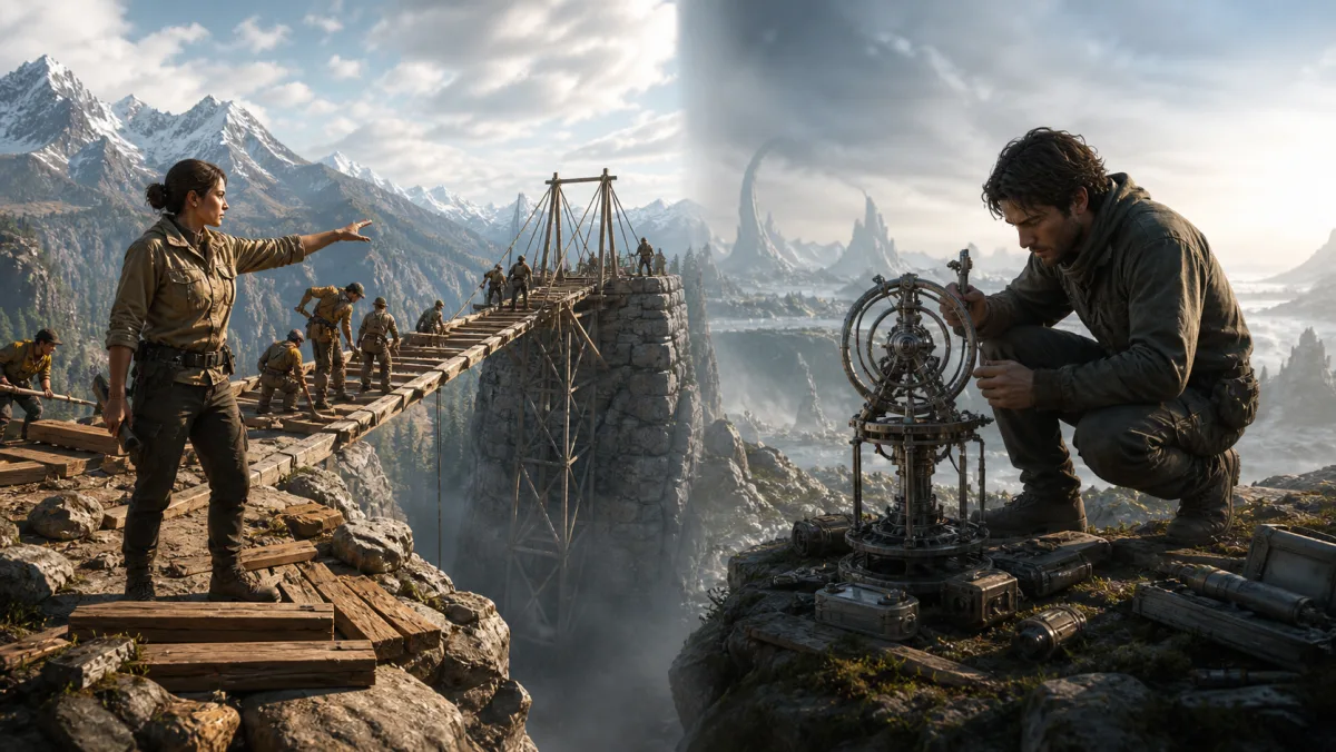 A leader coordinates a team building a bridge while a lone innovator tests a new mechanism