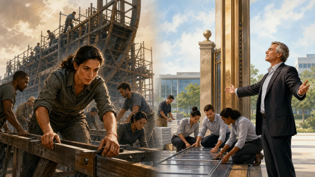 A hands-on leader builds with a team while a senior sponsor opens a gateway and provides backing