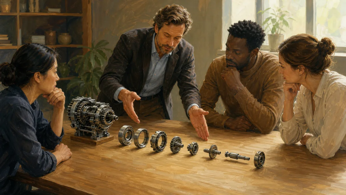A professional lays out every component of a mechanism in sequence for attentive colleagues