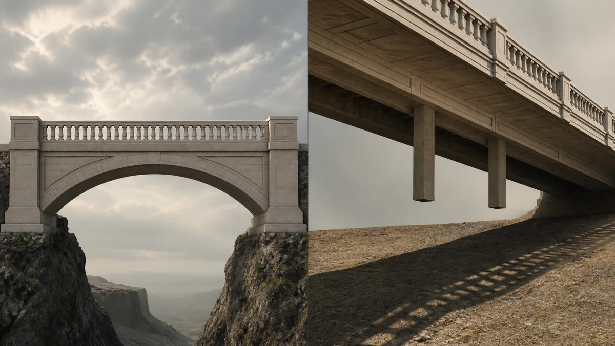 A convincing stone bridge contrasts with a similar bridge whose supports do not reach the ground