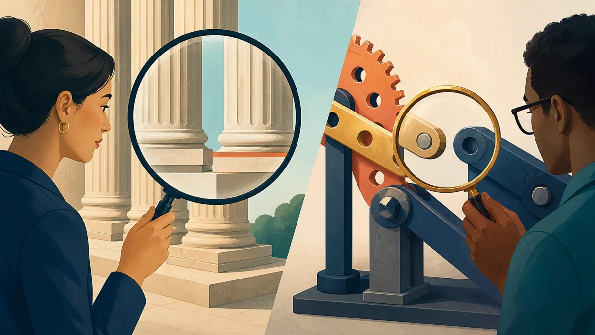 Professionals examine distorted visual proportions and a disconnected mechanical linkage through magnifying lenses