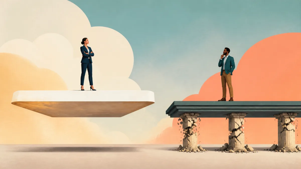 One platform floats without any foundation while another rests on visibly crumbling columns