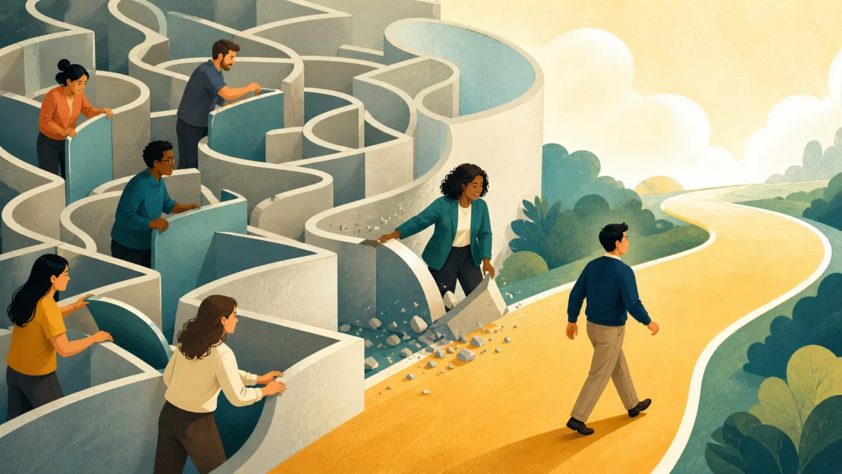 A team removes walls from a tangled maze to create one clear flowing path
