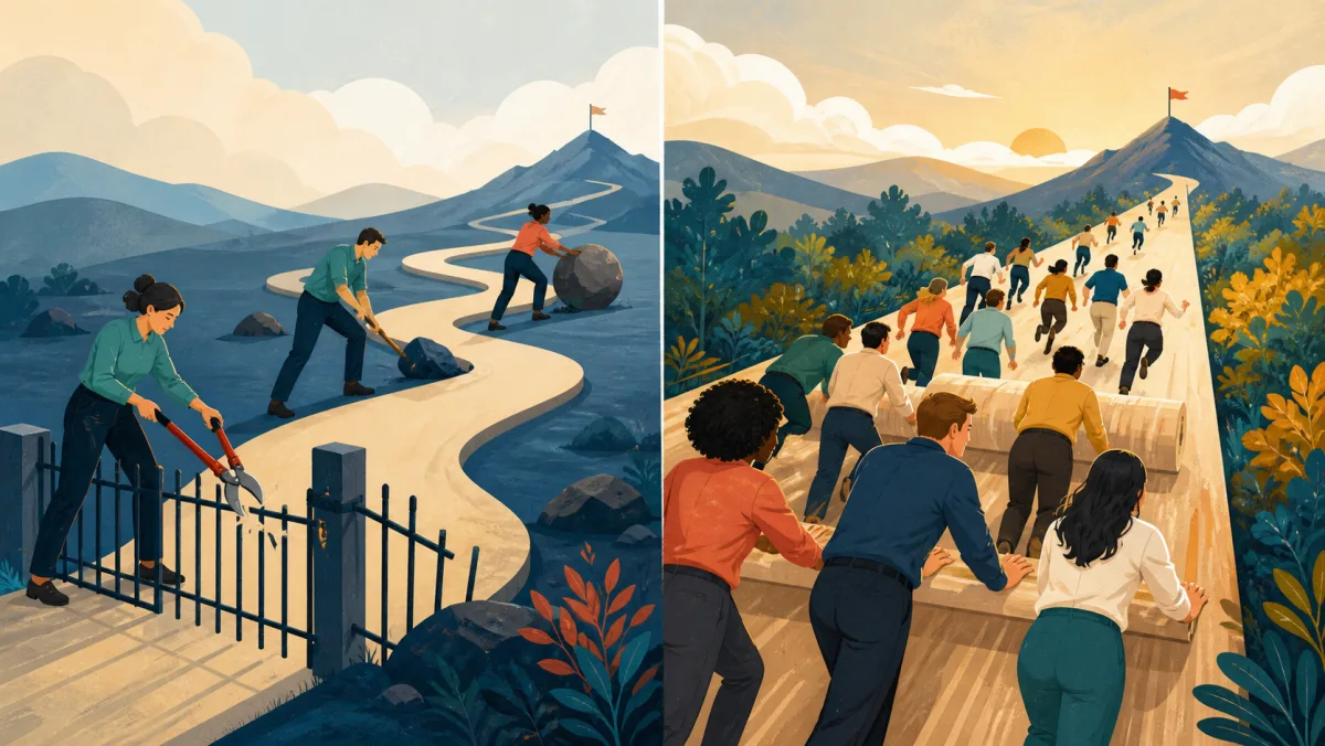 One team clears obstacles from a winding route while a larger team moves faster along an unchanged route