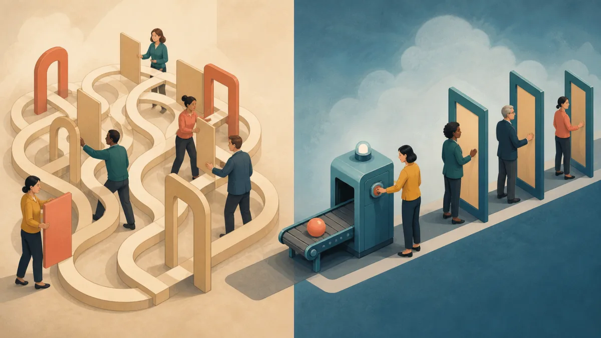 People simplify a tangled process while a machine automates one task before several remaining gates