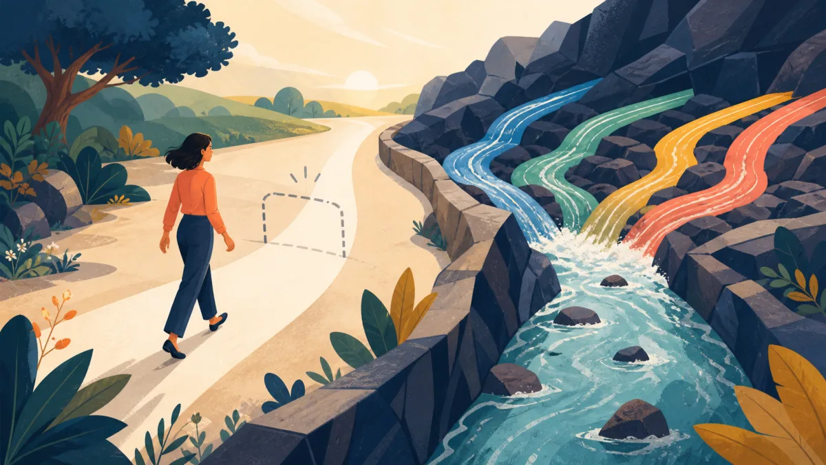 A needless gate disappears from a clear path while four separate streams merge into one rocky channel