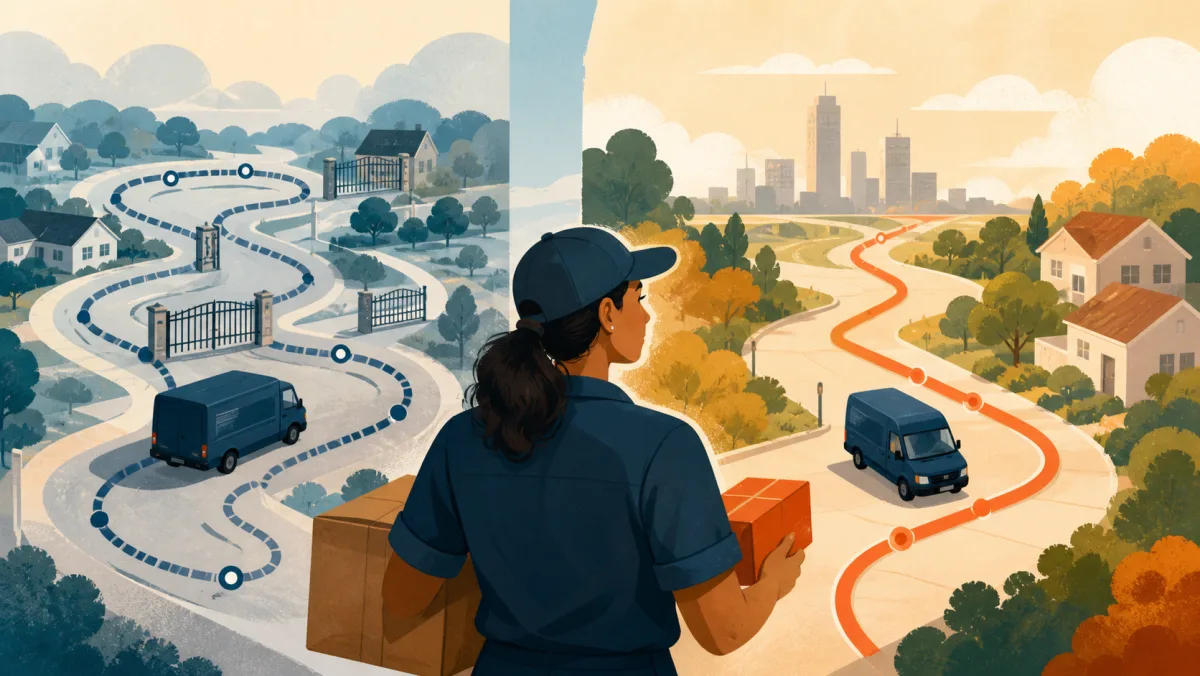 A delivery worker compares a simplified standard route with priority handling along an unchanged route