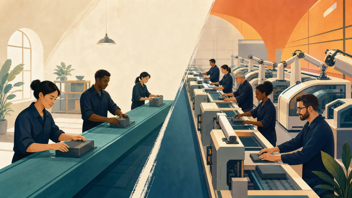 A simple old production line contrasts with a modern automated line that retains many workstations
