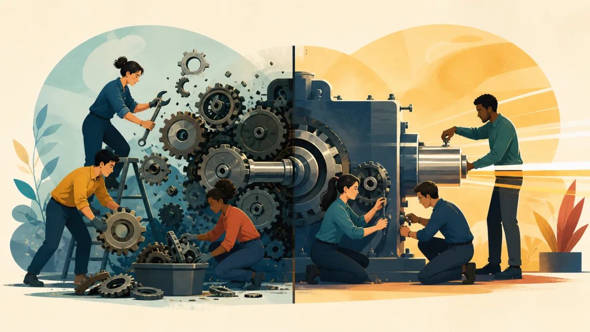 A team removes excess gears while another precisely tunes an already lean high-performance machine