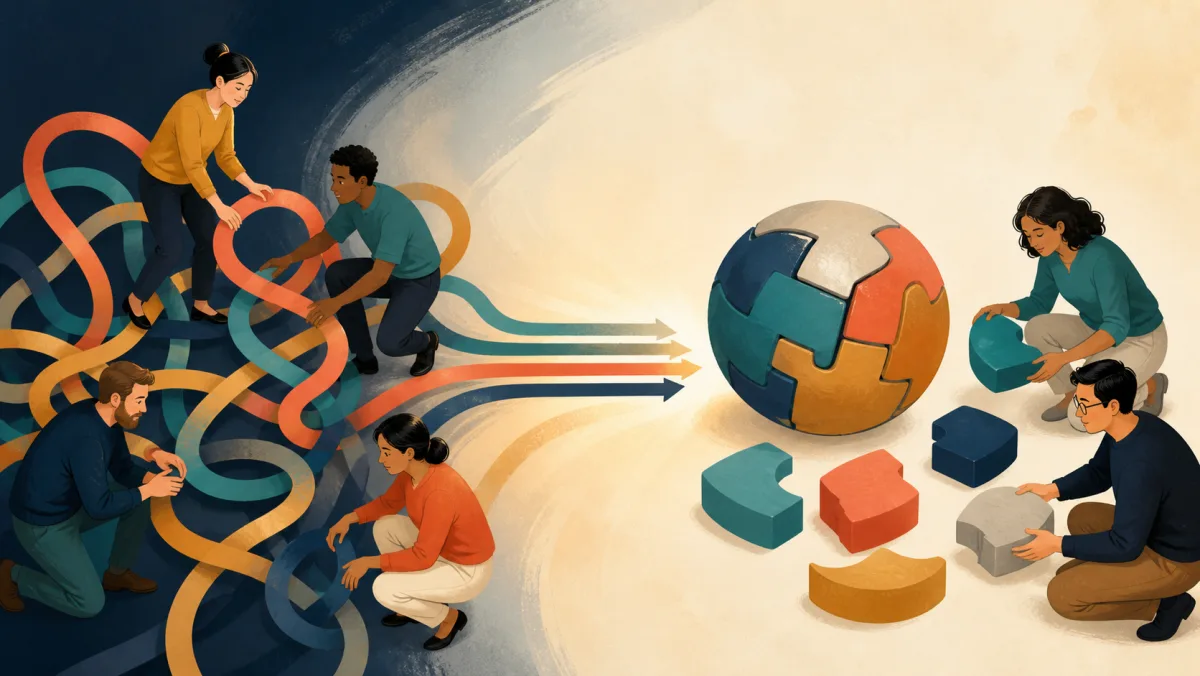 A team untangles several flowing routes while another reduces a complex object to a few clear pieces