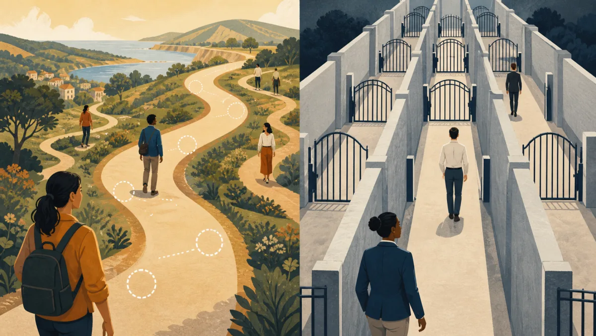 Several varied open paths contrast with identical routes that retain repeated closed gates