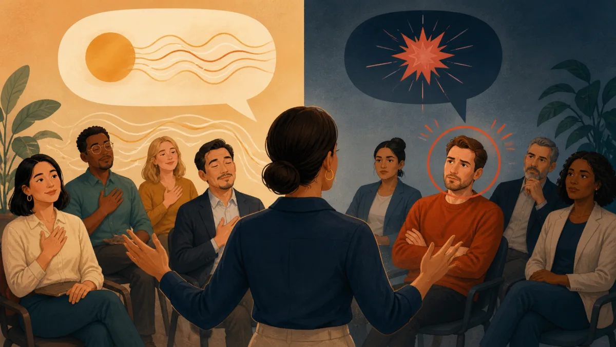 One audience responds with calm recognition while one listener reacts defensively to a sensitive point