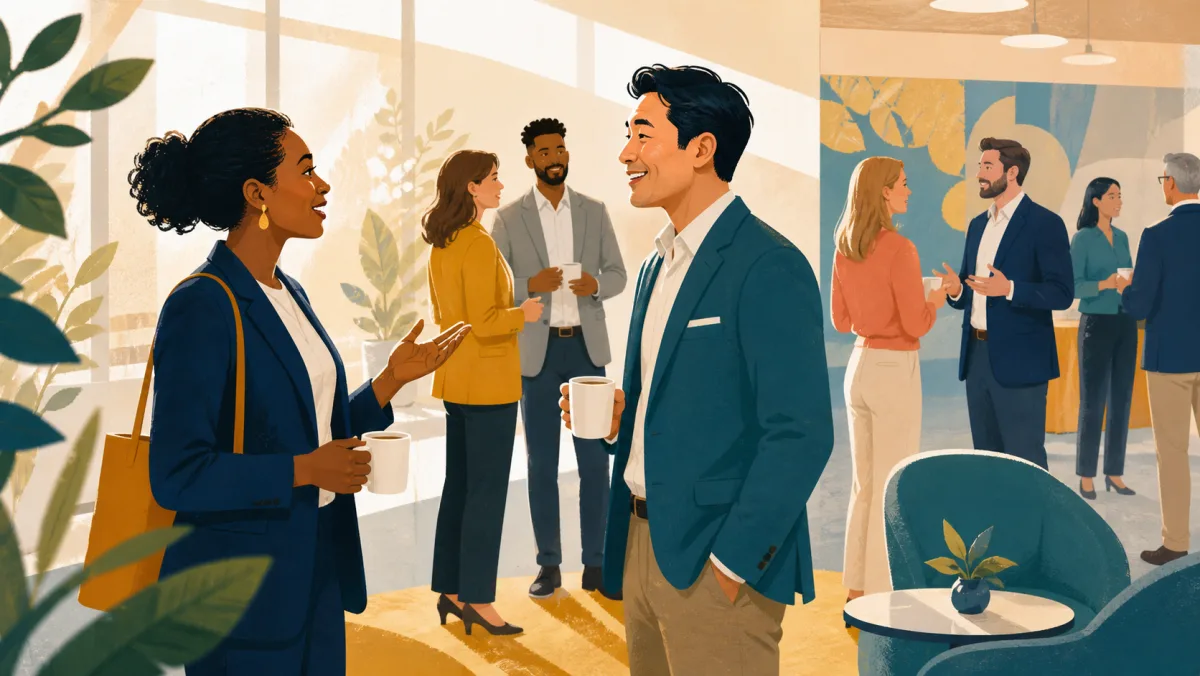Two professionals begin a friendly conversation during a conference break as other groups talk nearby