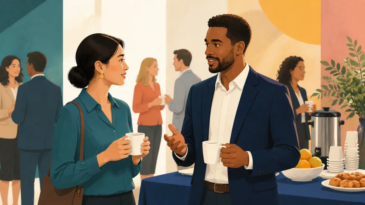 One professional makes the first friendly conversational move beside a conference refreshment table