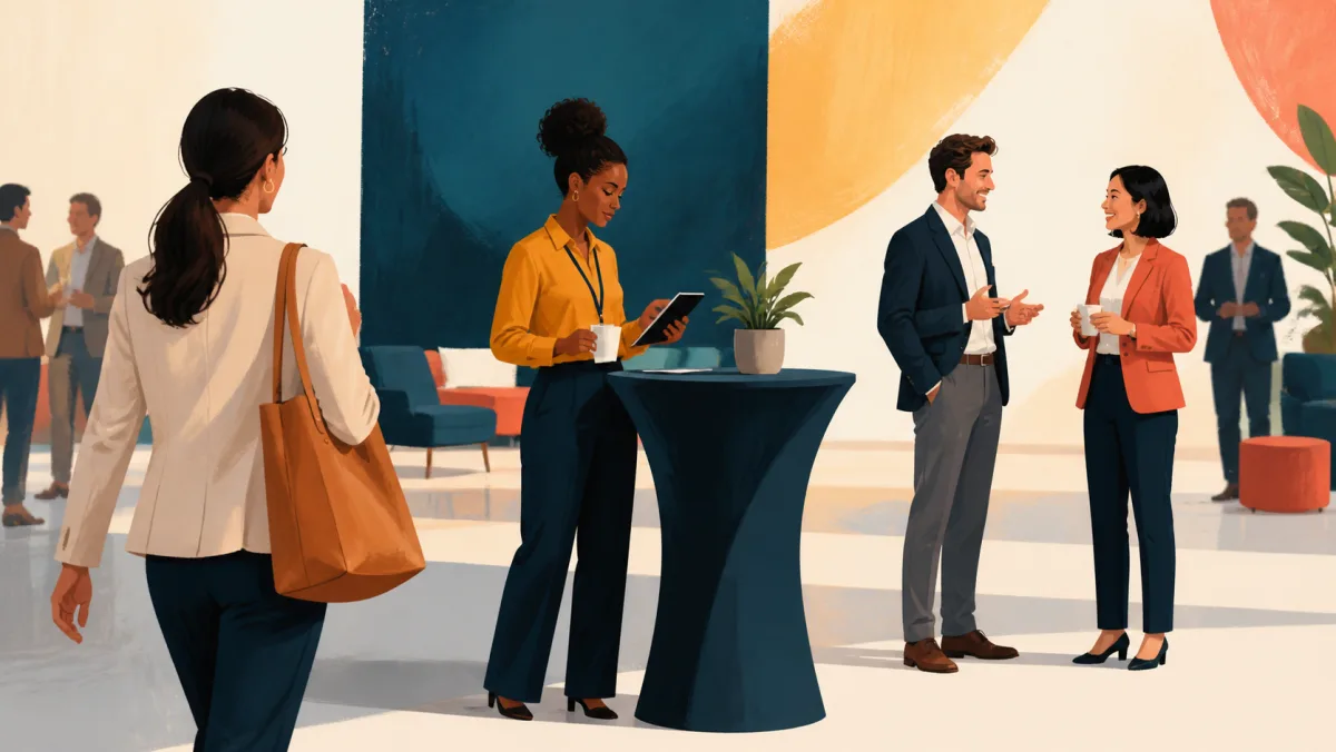 One professional approaches an occupied attendee while another pair has successfully begun talking