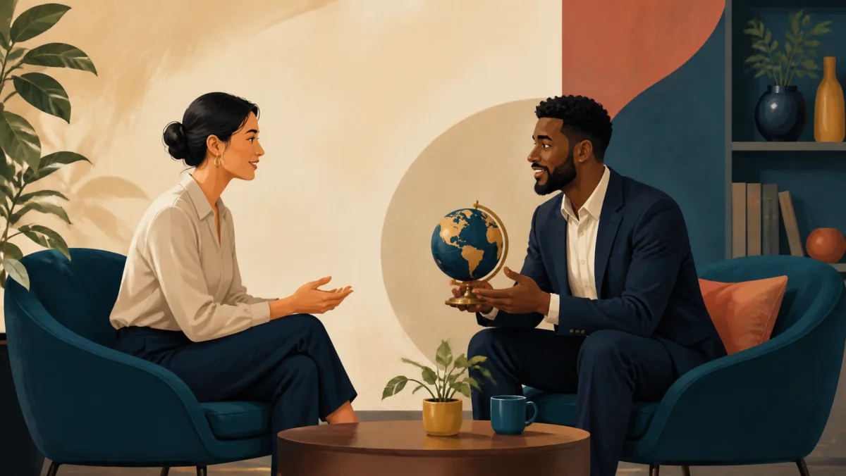 Two professionals converse as one introduces a globe-shaped object into their ongoing discussion