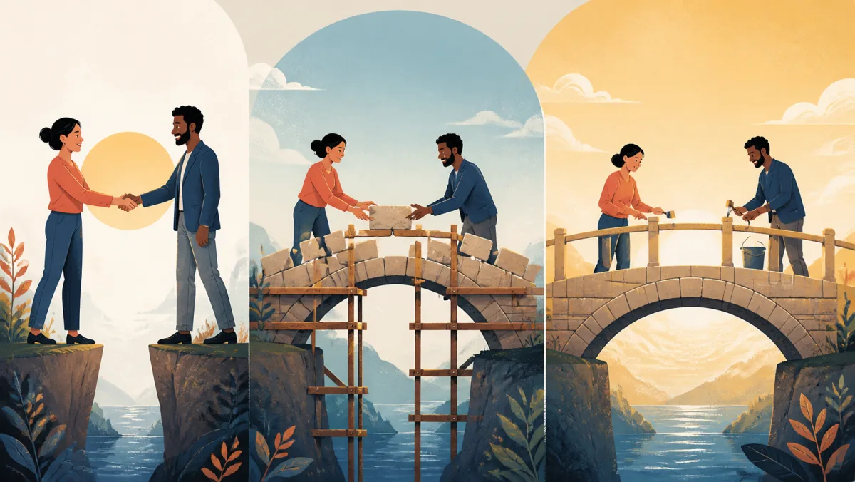 Two professionals connect, construct a shared stone bridge, and maintain the completed structure