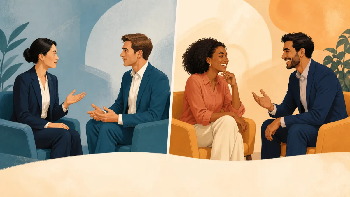 A neutral new conversation contrasts with another pair sharing immediate warmth and easy rapport