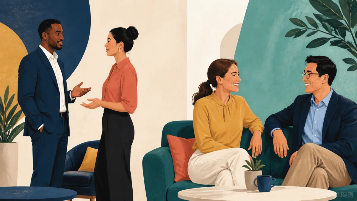 A greeting begins an interaction before the same pair continues with relaxed conversation over coffee