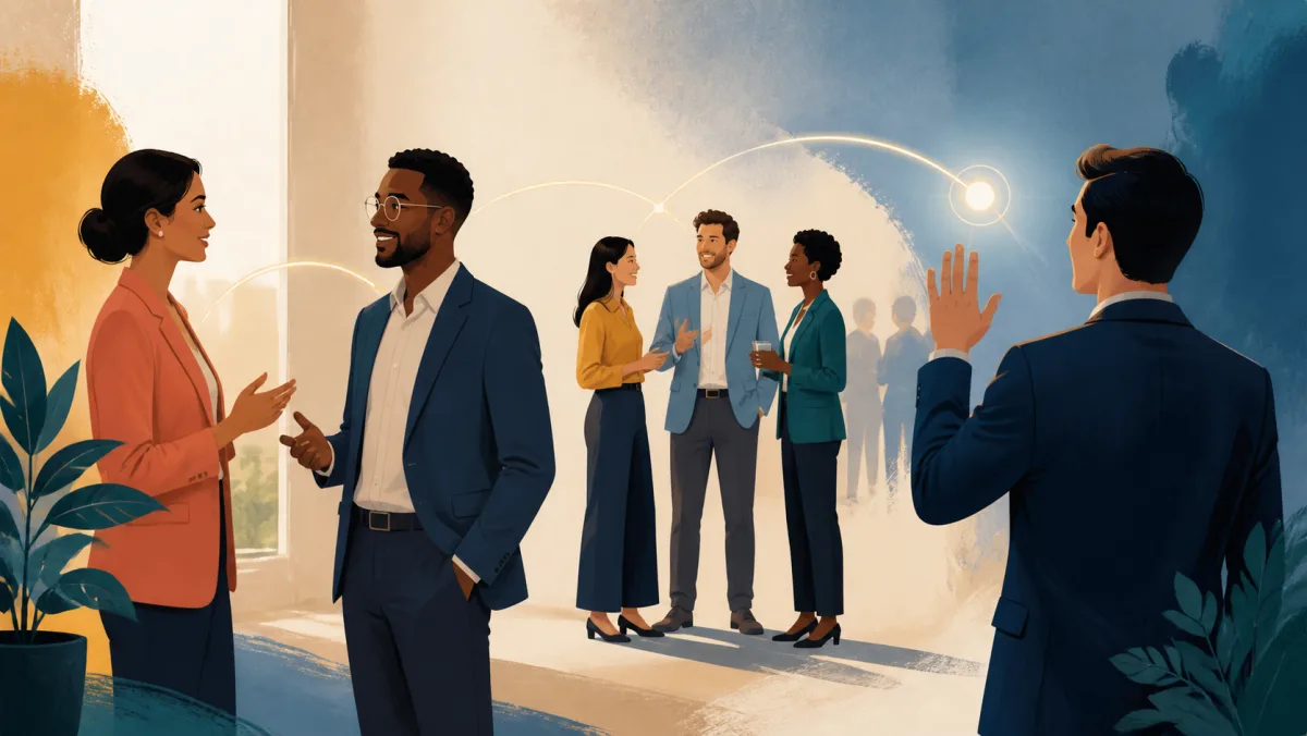 Professionals begin conversations, form several event connections, and direct one contact signal toward a colleague
