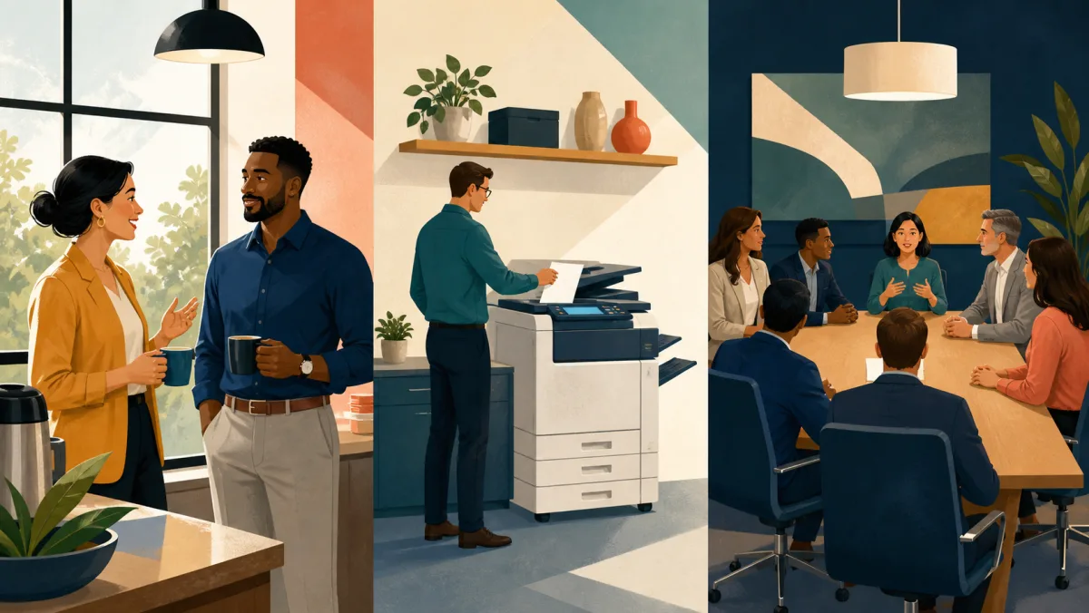 An informal conversation contrasts with a machine starting and a formal meeting beginning