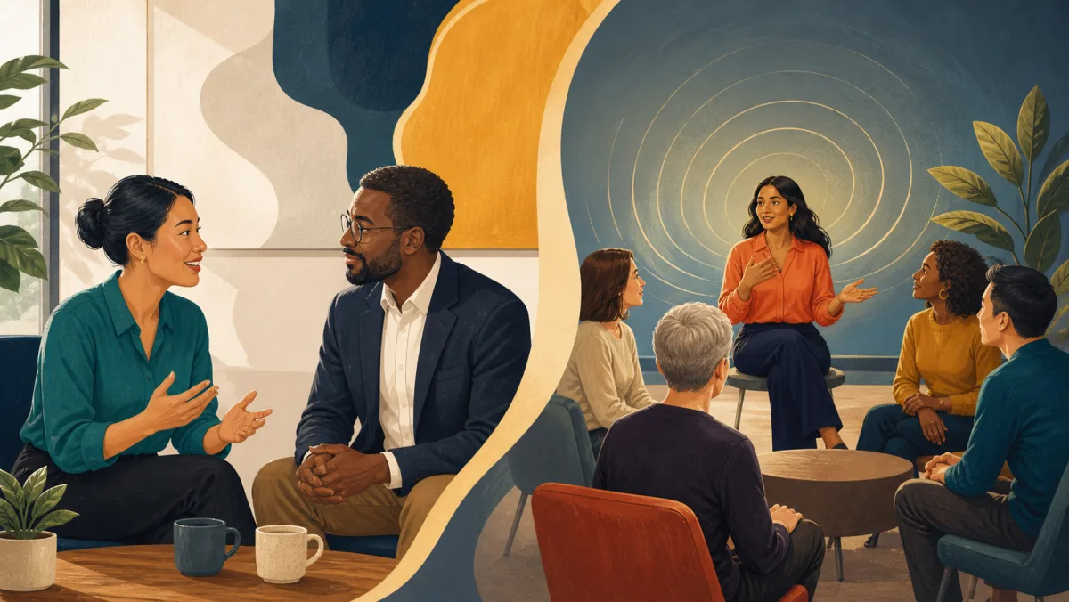 Two professionals begin a conversation while a speaker's story creates resonant recognition in a group