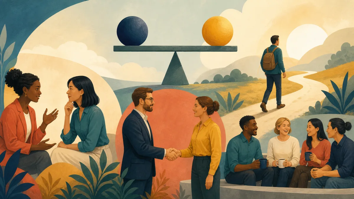 A conversation, handshake, balanced beam, independent path, and gathered workers depict distinct meanings of strike