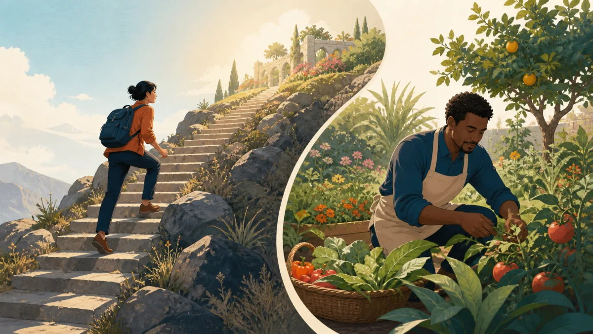 One professional climbs toward a distant garden while another already works in a flourishing garden