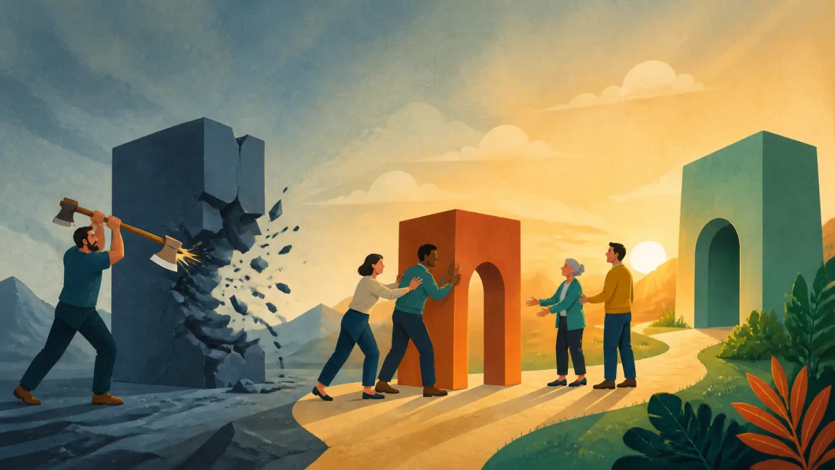 A worker abruptly breaks a dark structure while a team guides another structure through a planned transition
