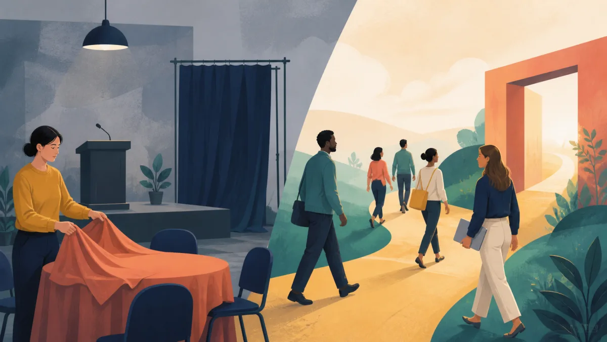 A canceled event setup contrasts with people following a planned transition toward a replacement