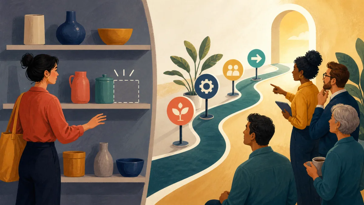 An empty place on a product shelf contrasts with a planned lifecycle path toward an ending