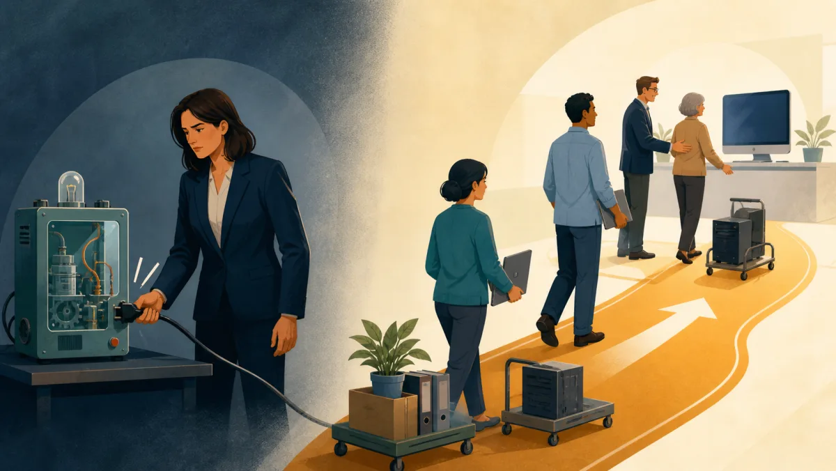 A professional disconnects a small prototype while a team follows an orderly transition toward a replacement system