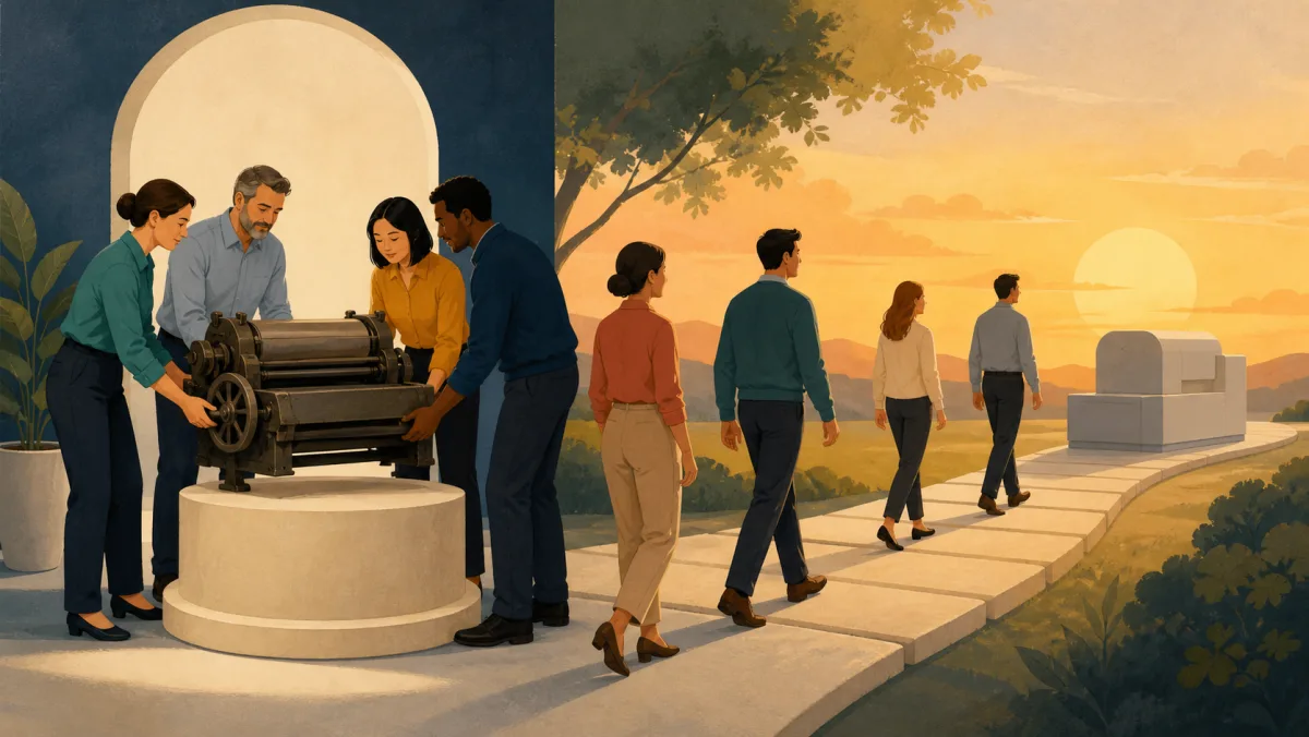 Professionals lift an older machine from service while users follow a sunset path toward its replacement