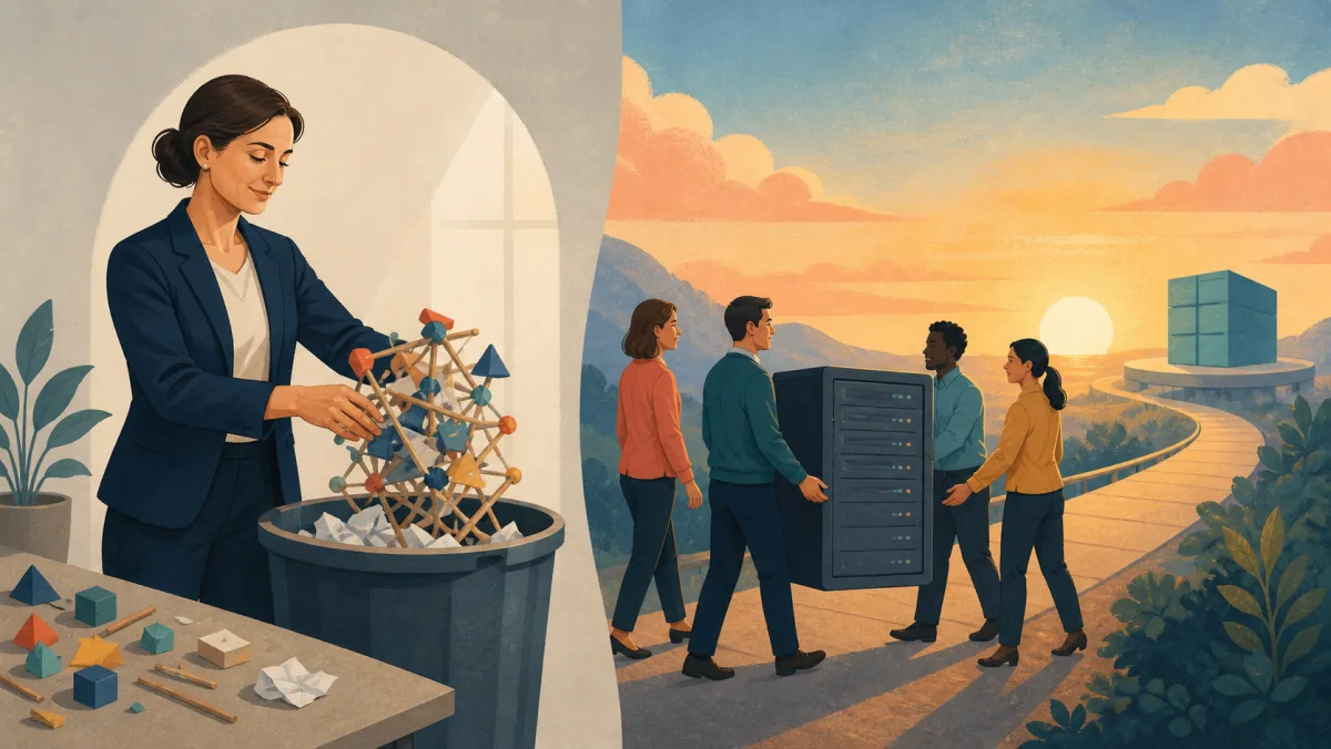 A professional discards an unworkable model while a team carries an established system along a planned transition path