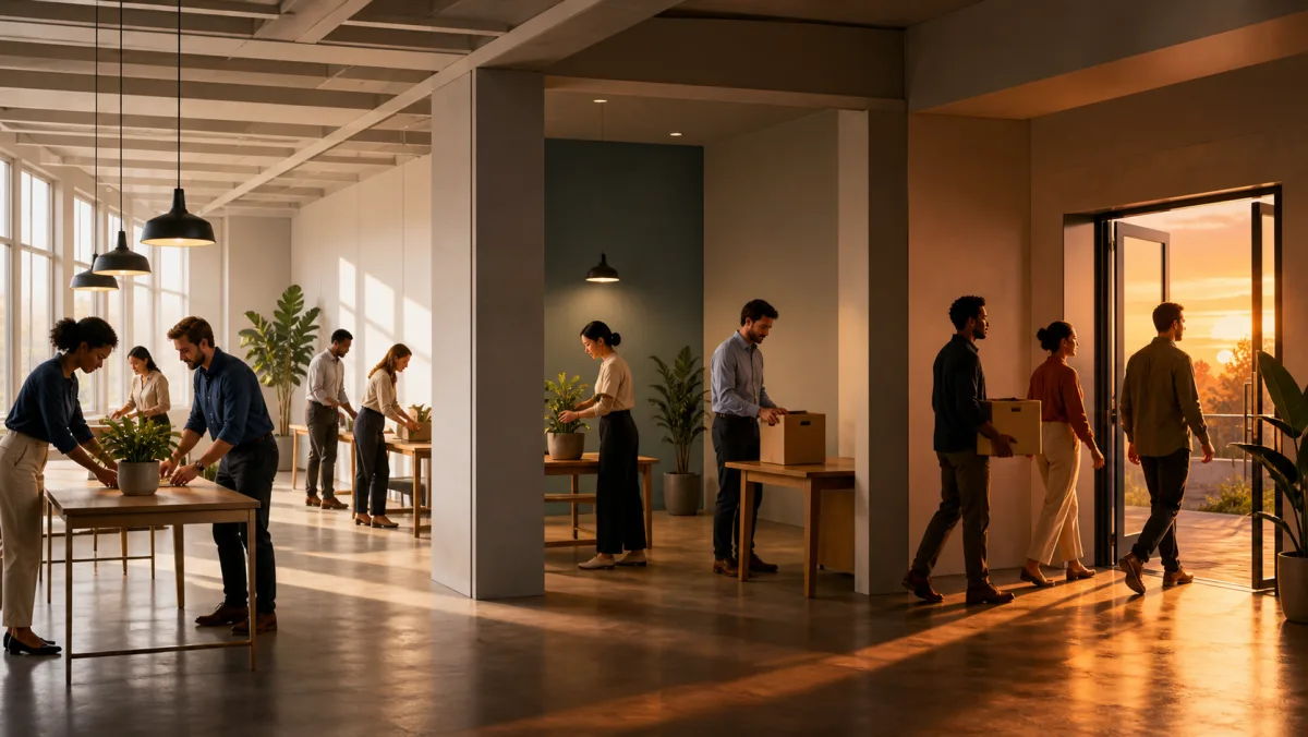 Workplace activity becomes quieter in stages as teams carry the final equipment through a sunset-lit exit