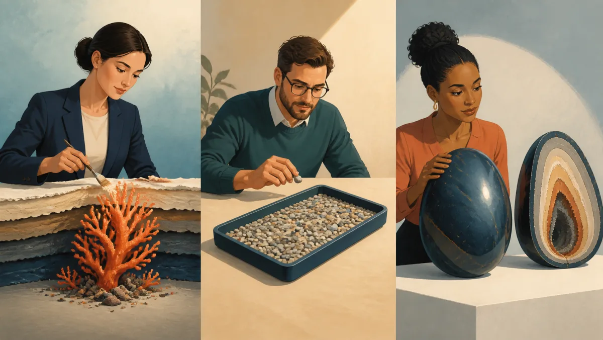 A coral object is uncovered beside a shallow tray and a polished shell opened to reveal deeper layers