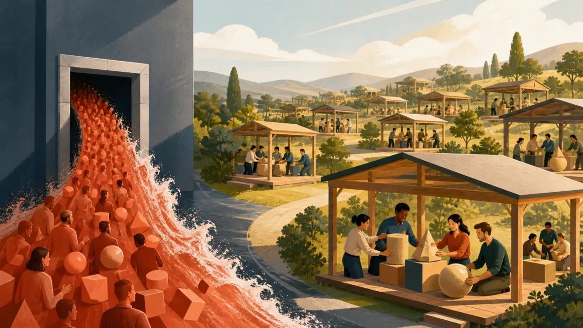 A sudden coral wave rises through one gateway beside many workshops thriving across a broad landscape