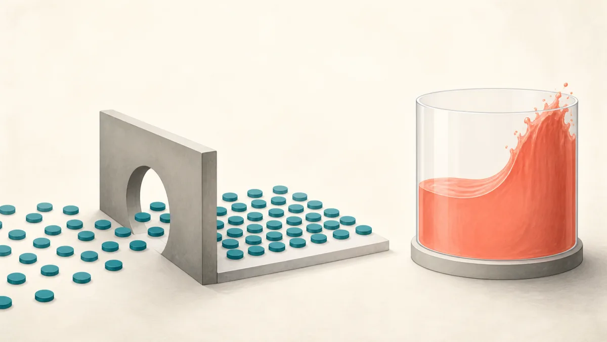 Many teal discs pass through a gateway while a coral liquid level rises sharply in a reservoir
