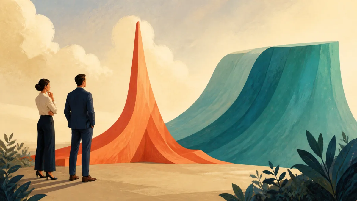Professionals compare a narrow coral peak with a broad teal rise that holds at a higher level