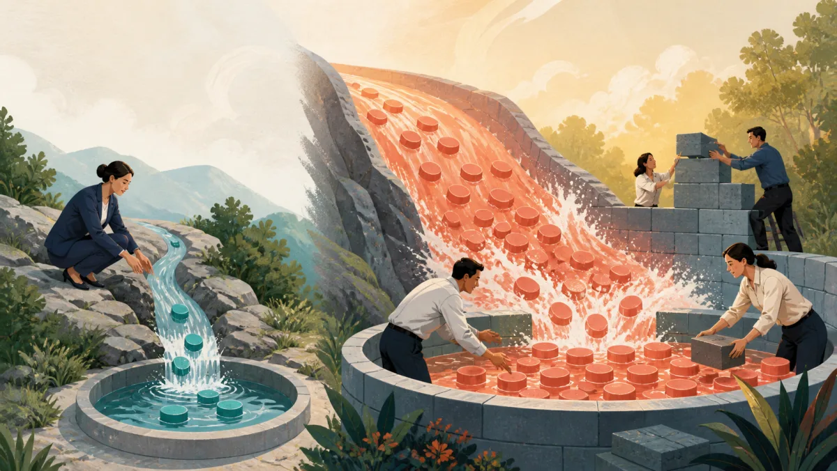 A small teal stream fills one basin while a powerful coral flow fills a larger basin where a team adds capacity