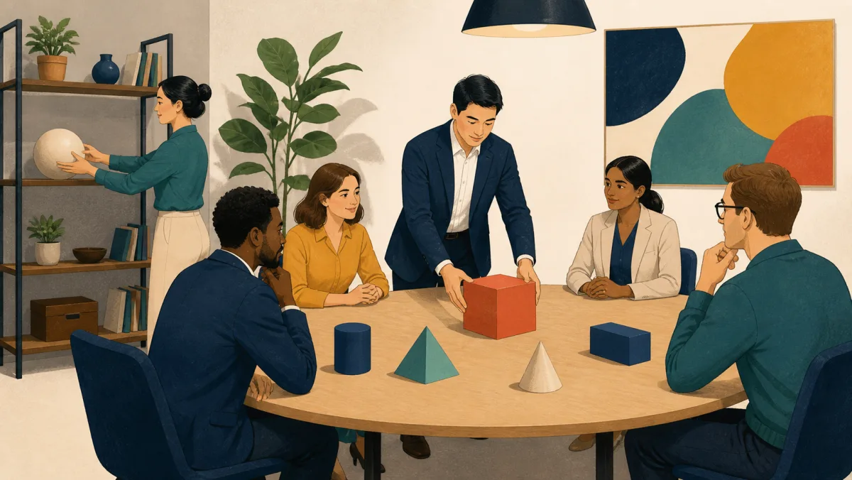 One meeting object is set aside on a shelf while another is placed at the center of a discussion table
