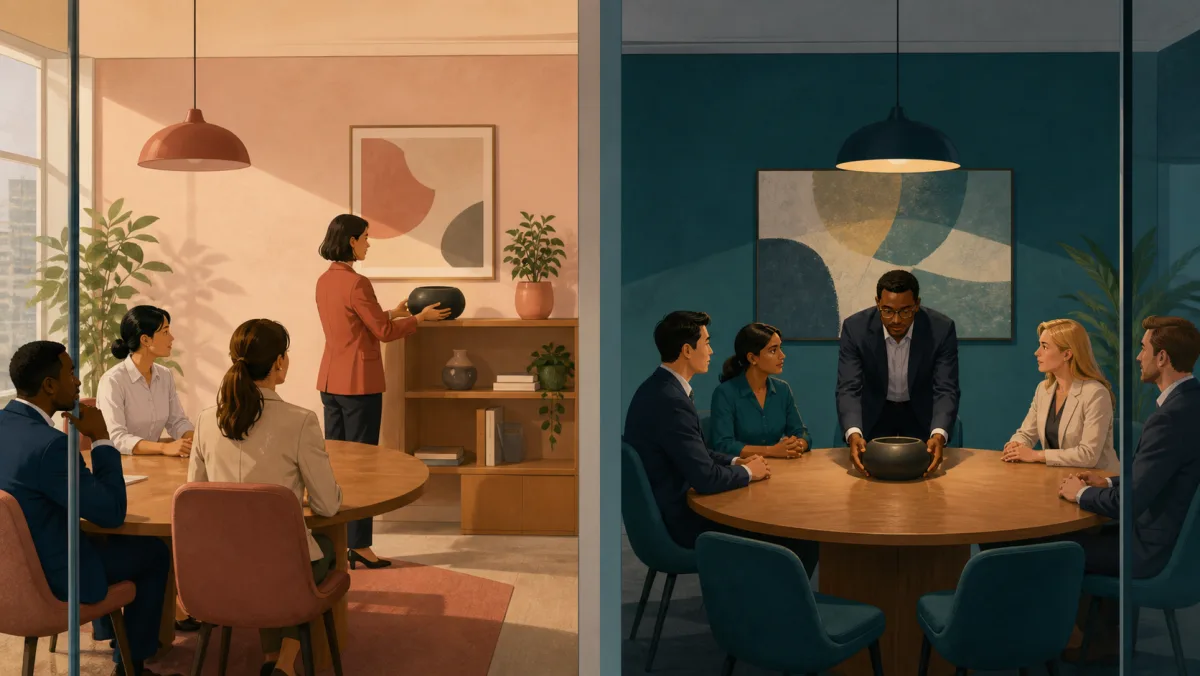 Two meeting rooms show the same plain object moved away from one table and brought forward on another